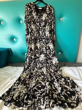 Belle Sky Black and White Floral Maxi Dress with Green Accents